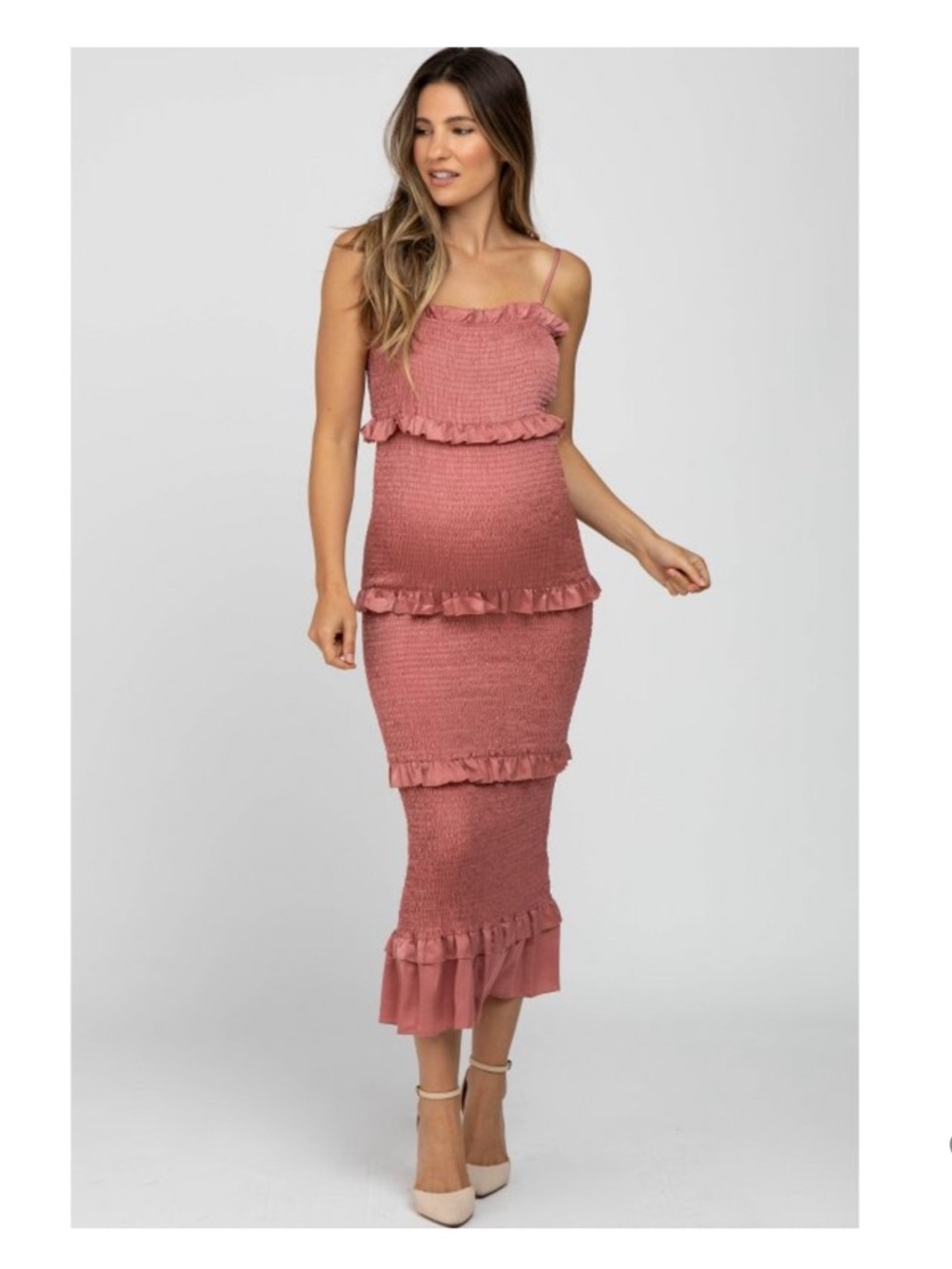 Mable Mauve Satin Smocked Fitted Maternity Midi Dress